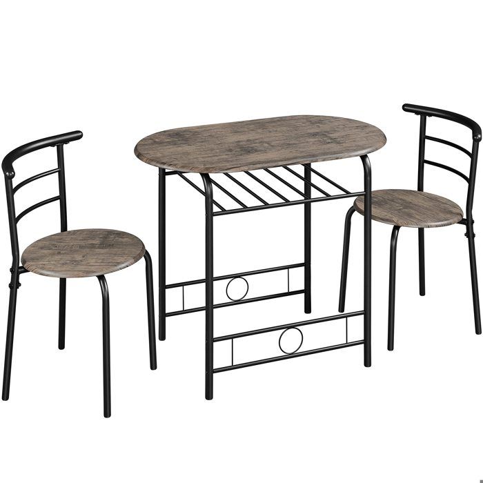 ensemble table à manger ronde métal bois gris noir - 1 table - 2 chaises - porte-bouteilles - meubles 3 pièces - cuisine salon